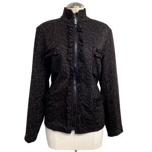 Vtg Y2K Zebra Print Brown Black Ruffle High Collar Grunge Gothic Emo Jacket Sz L